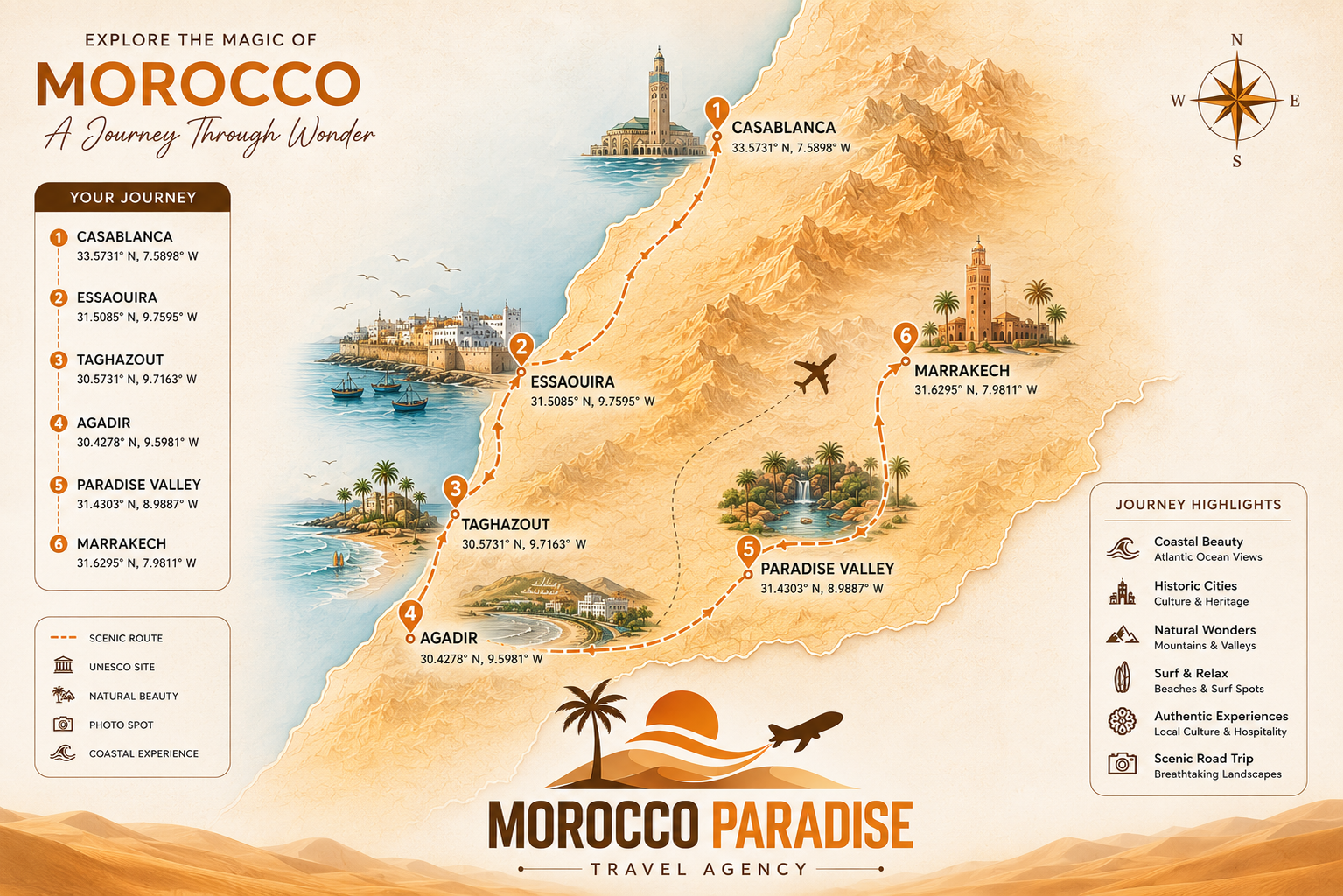 Atlantic & Surf Tour route map — departing from Casablanca