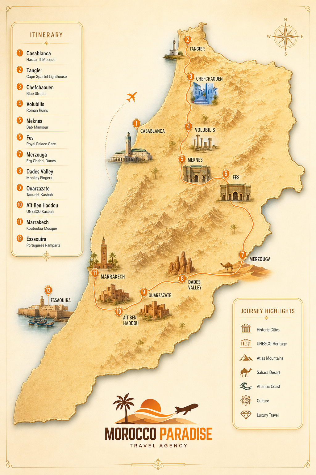 Grand Morocco route map — departing from Casablanca