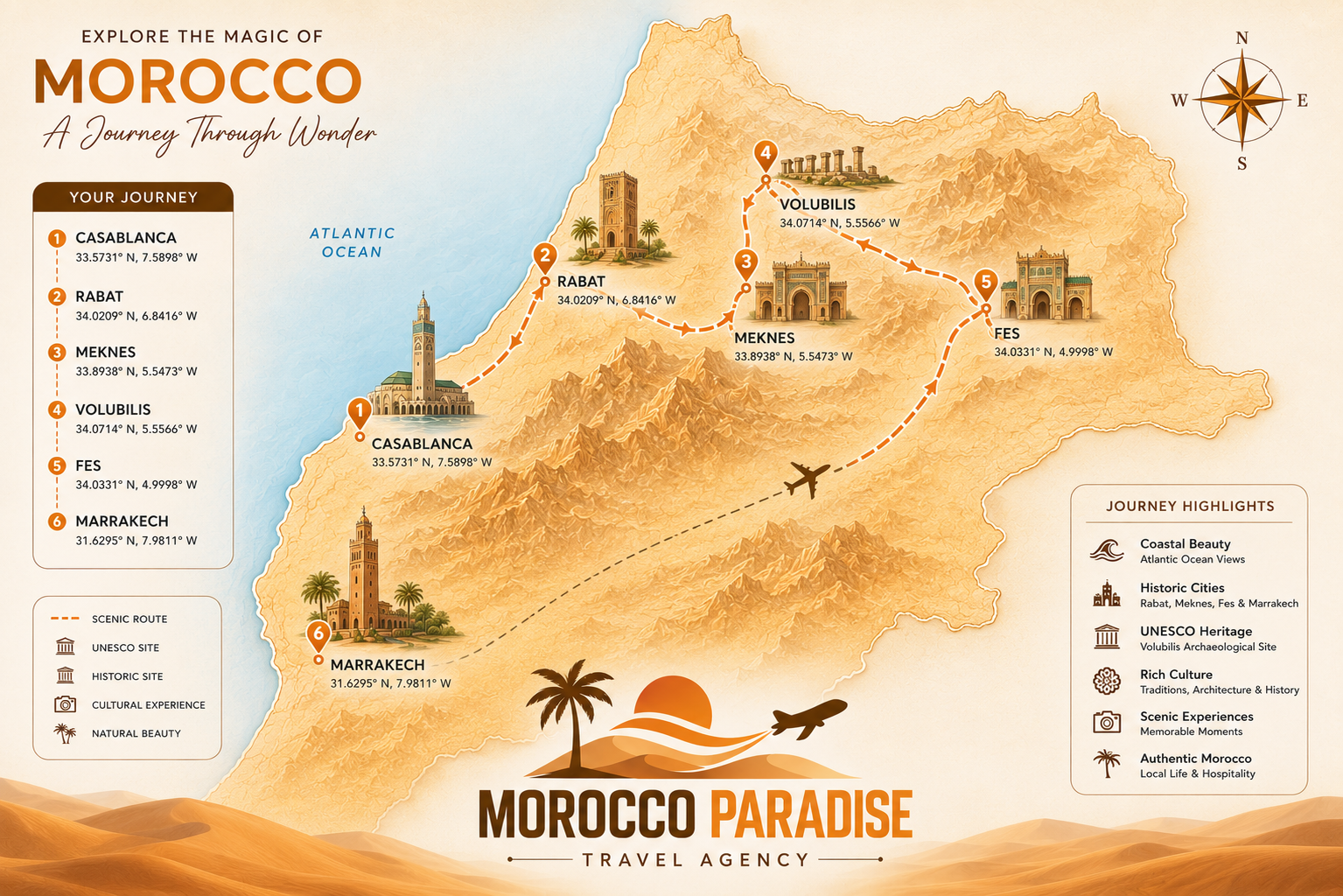 Imperial Cities Tour route map — departing from Casablanca