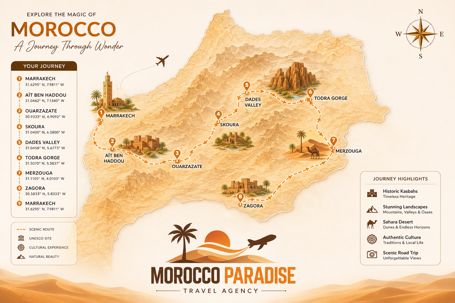 South Morocco Discovery route map — departing from Marrakech