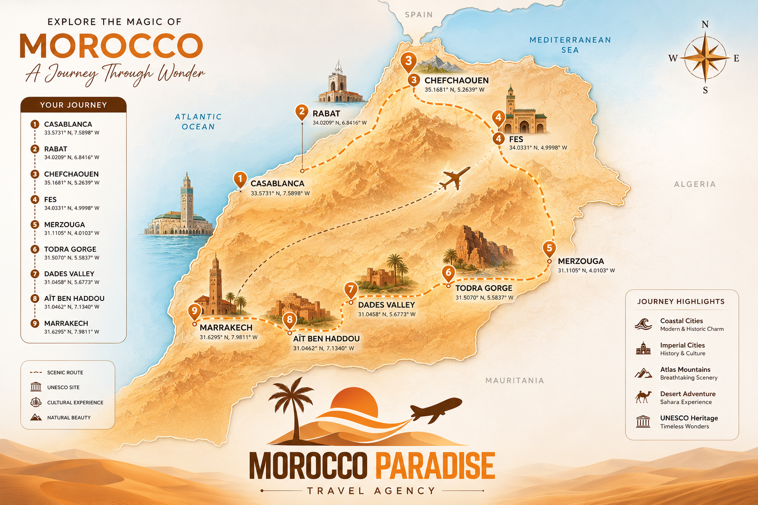 Classic Morocco route map — departing from Casablanca